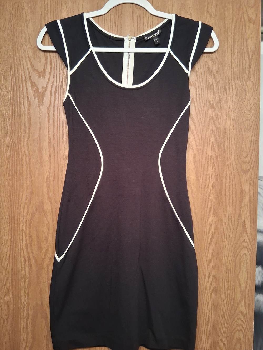 Express Black Dress with White Piping - Women’s Cap Sleeve Sheath